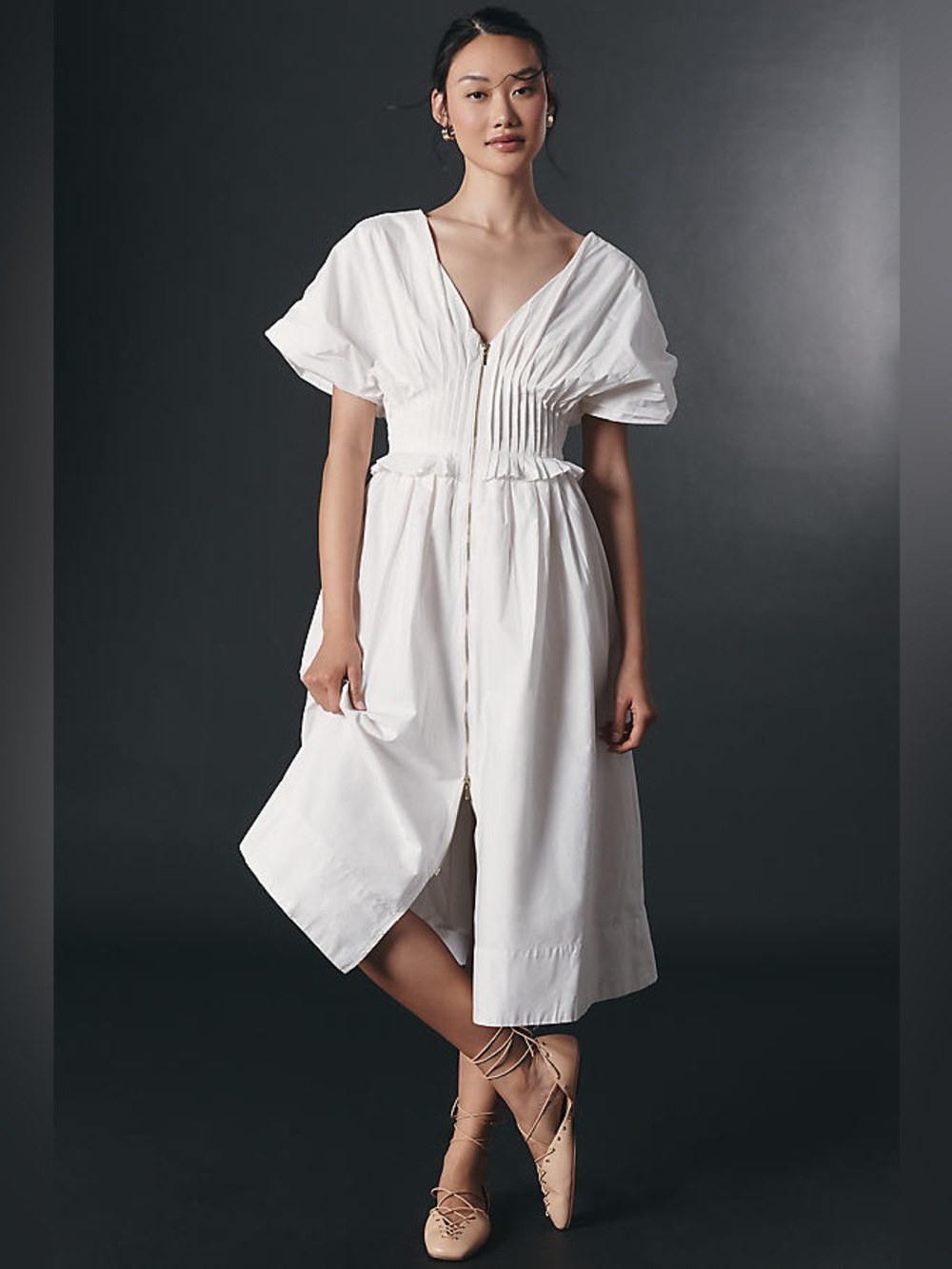Anthropologie White Midi Dress with Pleated Bodice